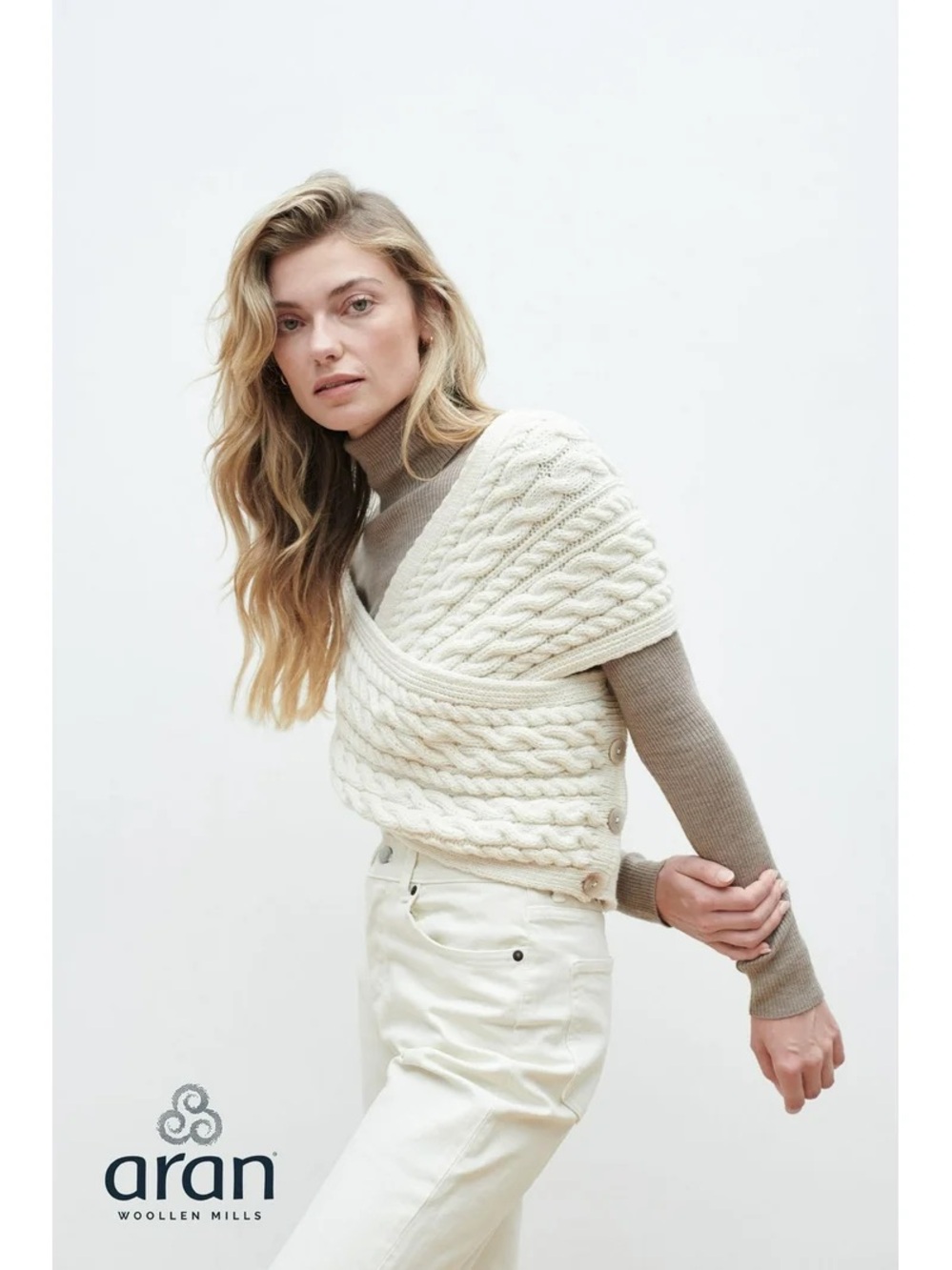 NWT ARAN WOOLLEN MILLS size XL Crossover Wrap 100% Merino Wool Cable Sweater